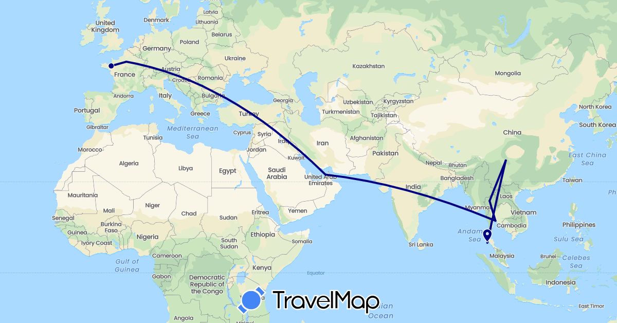 TravelMap itinerary: driving in United Arab Emirates, France, Laos, Thailand (Asia, Europe)